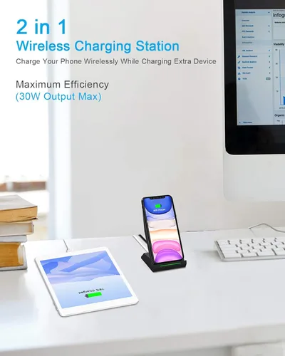 Miniatura 4 de Soporte de carga inalámbrico rápido, equipado con adaptador PD de 30 W, cargador de alta velocidad certificado Qi con puerto USB-A adicional Negro