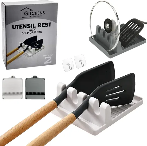 Miniatura 8 de Soporte para utensilios y cucharas de alta calidad con almohadilla de goteo profunda y soporte para tapa de olla, utensilios con cucharas, soporte