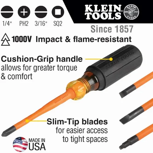 Miniatura 2 de Klein Tools 33734INS - Juego de destornilladores aislados de punta delgada de 1000 V, fabricado en EE. UU., Phillips, gabinete, punta delgada