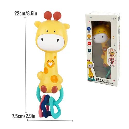 Miniatura 6 de Sonajero musical de jirafa amarilla brillante para bebé, mordedor iluminado y masticable sensorial, goma suave sin BPA, baby shower y regalo
