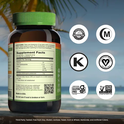 Miniatura 2 de Nutrex Hawaii Polvo de espirulina hawaiana pura – Superalimento vegano, cultivado en granja en Kona, sin OGM, apoyo inmunológico y energía celular