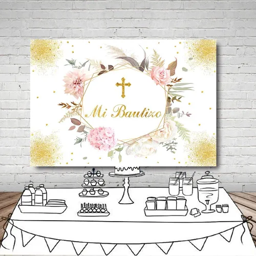 Miniatura 4 de MEHOFOND Mi Bautizo - Telón de fondo dorado con texto en inglés «Bless Mexican Bautismo» para niña, decoración de fiesta de primera comunión