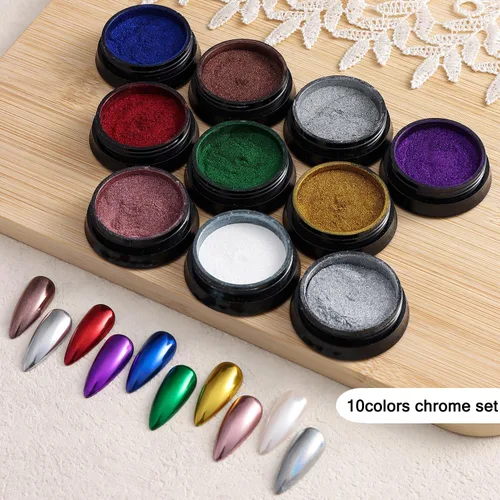 Miniatura 2 de Kit de polvo de uñas cromado, 10 colores dorado, plateado, bronce, efecto espejo metálico, polvo cromado con gel de escultura 3D de 0.35 oz (10 g)