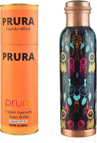 Miniatura 39 de Botella de agua de cobre con estampado puro, a prueba de fugas, recipiente de cobre ayurvédico para deportes, gimnasio, aire libre, yoga, beneficios