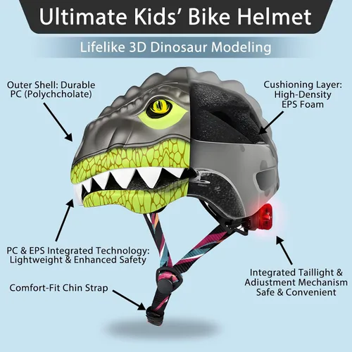 Miniatura 3 de KINGBIKE Casco para niños pequeños para niños y niñas de 2 a 8 años, casco de bicicleta para niños, cascos ligeros de dinosaurio con luz LED