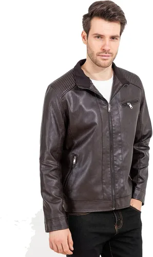 Miniatura 5 de VICALLED Chaqueta de cuero para hombre, ajuste delgado, cuello alto, chaqueta de motocicleta de poliuretano, ligera