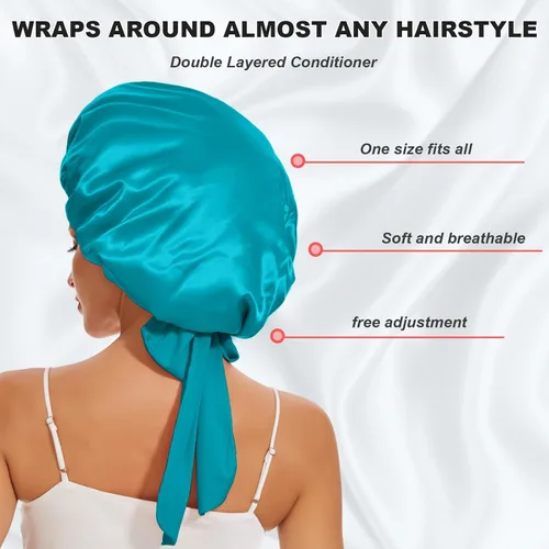 Miniatura 6 de Gorro de satén de seda para dormir, doble capa de pelo grande para mujeres y hombres, cabello rizado natural