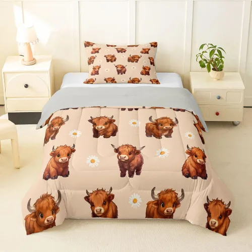 Miniatura 41 de Juego de ropa de cama de vaca de las tierras altas, edredón de ganado de las tierras altas, juego de edredón rosa floral de vaca occidental, juego