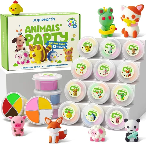 Arcilla seca al aire para niños, arcilla de espuma para fiestas temáticas de 12 animales, kit de arcilla ultraligera para modelar, arte de bricolaje