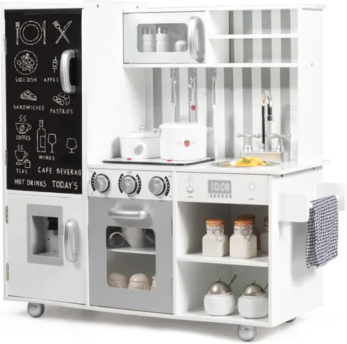 Miniatura 11 de Costzon Cocina de Juguete para Niños, Juego de Cocina de Madera con Estufas, Microondas, Pizarra, Dispensador de Agua, Accesorios de Cocina, Juego