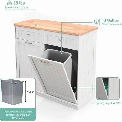 Miniatura 4 de TOLEAD - Armario de basura extraíble, isla de cocina estilo antiguo con tablero de perlas, superficie de madera maciza y cajón, contenedor de basura