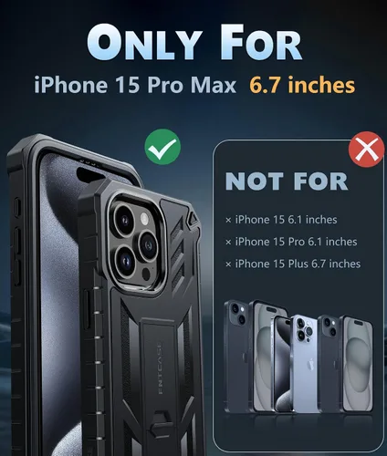 Miniatura 2 de FNTCASE Funda para iPhone 15-Pro-Max: Cubierta protectora resistente de grado militar a prueba de caídas para teléfono celular con soporte y Negro