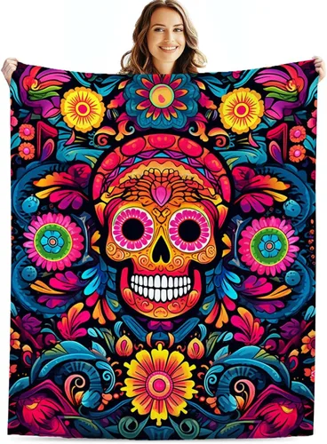 Miniatura 6 de Firmiso Regalos de calavera de azúcar para mujeres y hombres, manta del Día de los Muertos para decoración del hogar, calavera de Halloween de forro
