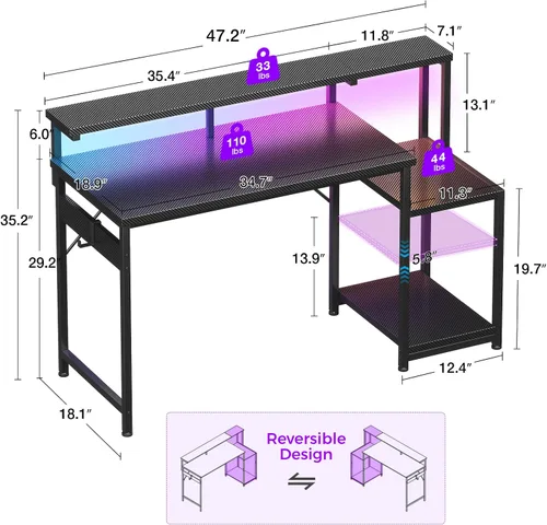 Miniatura 3 de AODK Escritorio para computadora, escritorio para juegos de 48 pulgadas con luces LED y toma de corriente, escritorio de oficina con estantes