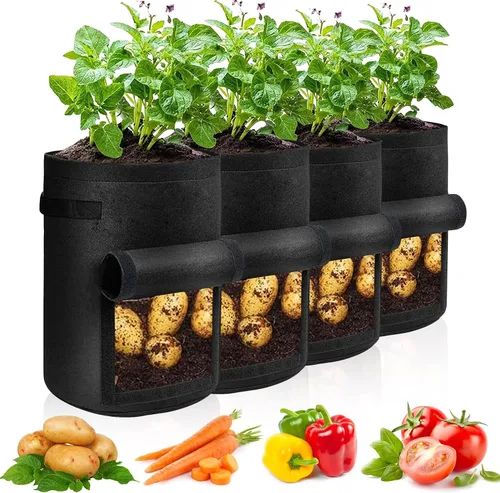 Miniatura 9 de JJGoo Juego de 2 bolsas de cultivo de patatas de 10 galones con solapa, bolsas de cultivo de tela resistentes con asa y ventana de cosecha, macetas