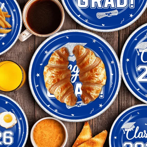 Miniatura 4 de OuMuaMua suministros de vajilla para fiesta de graduación 2026 - 200 piezas, platos y servilletas desechables azules y blancas para la decoración
