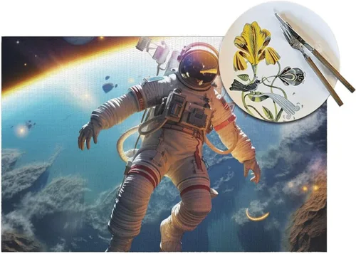 Miniatura 5 de 6 PCS PVC Placemats Set Place Mats Astronaut Flying on Planet Non-Slip Weave Place Mats 12" x 18" Farmhouse Table Mat Set for Family Dinners Wedding