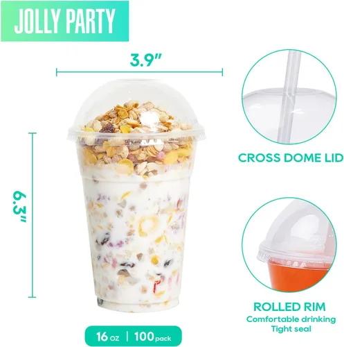 Miniatura 2 de Paquete de 100 vasos de plástico transparente de 16 onzas con tapas de cúpula, vasos de postre desechables, taza de parfait para helado, bebidas