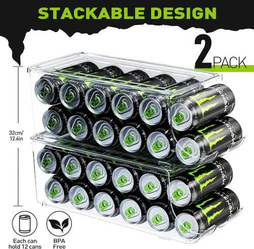 Miniatura 2 de SCAVATA Paquete de 2 organizadores de latas altas y delgadas para refrigerador, latas de refrescos grandes apilables de 16 onzas y 17 onzas