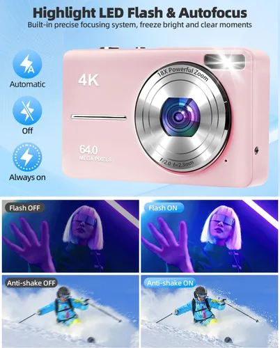 Miniatura 5 de Cámara digital 4K para fotografía, enfoque automático de 64 MP, tarjeta TF de 32 GB, pantalla LED de 2.8 pulgadas, zoom 18X, antivibración, cámaras