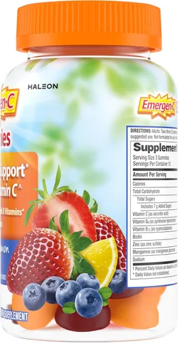 Miniatura 11 de Emergen-C Gomitas de vitamina C de 750 mg para adultos, gomitas de apoyo inmunológico, sin gluten, sabores de fresa, limón y arándanos, 45