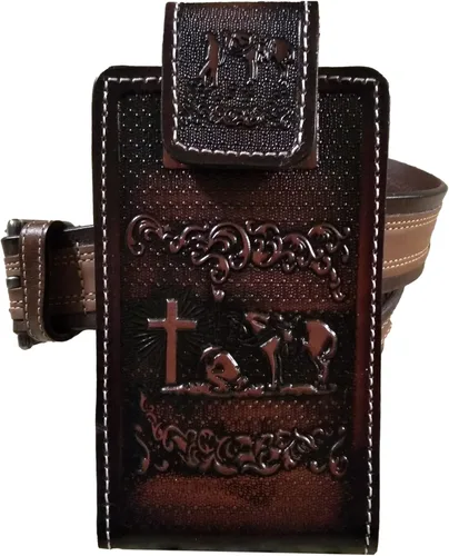 Miniatura 5 de Western autentic Tooled Leather Mexican Cell Phone Case for Belt. Men and Horse Pray Design. con cierre magnético. Tamaño universal (marrón)