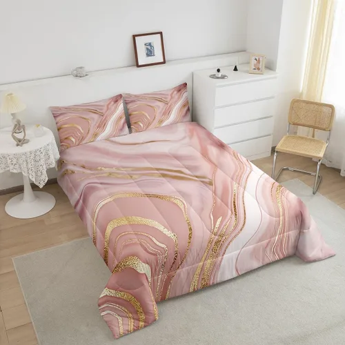 Miniatura 3 de Erosebridal Juego de edredón de mármol rosa dorado para niños y niñas, ropa de cama de mármol metálico, juegos de edredón de textura de mármol