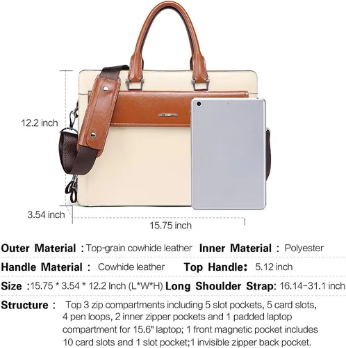 Miniatura 4 de CLUCI Maletines de cuero de cera de aceite para mujer, delgado, grande, para negocios, 15.6 pulgadas, bolsa de hombro vintage para hombre