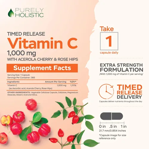 Miniatura 9 de Purely Holistic Vitamina C 1000 mg + curcumina de cúrcuma orgánica de 700 mg y bioperina - 365 + 120 cápsulas - Paquete vegano - con rosa mosqueta