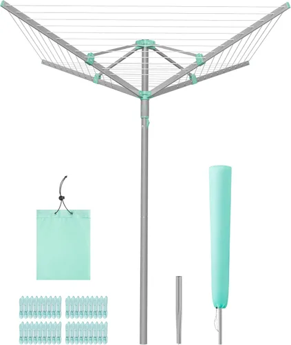 Miniatura 7 de SONGMICS Tendedero para paraguas, línea de lavado giratoria, plegable, resistente con clips, cubierta, anclaje al suelo, 164 pies (164.0 ft)