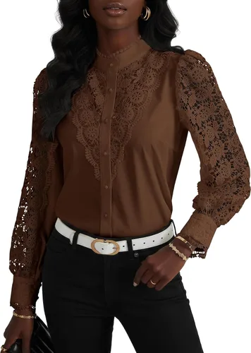 Miniatura 2 de Rooscier Blusa Elegante de Encaje de Crochet con Cuello Alto Simulado de Manga Larga con Botones para Mujer Top