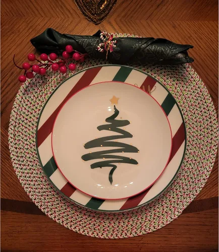 Miniatura 7 de Platos de Cena de Navidad de China Ósea - Platos de Postre - Platos de Ensalada Juego de 4, Apto para Lavavajillas (Rayado, 20.3 cm)