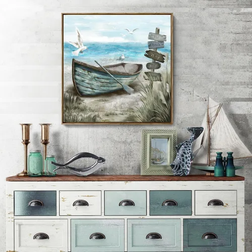Miniatura 28 de Arte de pared para baño, decoración costera, barco náutico en la playa, lienzo con imagen de gaviota del océano, paisaje marino, arte de granja