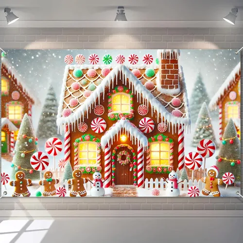 Miniatura 23 de BlissYard Telón de fondo de tren de Papá Noel, 71 x 43 pulgadas, pancarta de escena de Navidad de pan de jengibre, fondo de fotos para fiestas