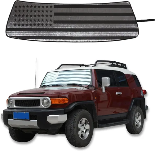 Parasol para parabrisas compatible con Toyota FJ Cruiser 2007-2021, reflector plegable de rayos UV, mantiene tu vehículo fresco (estilo bandera)