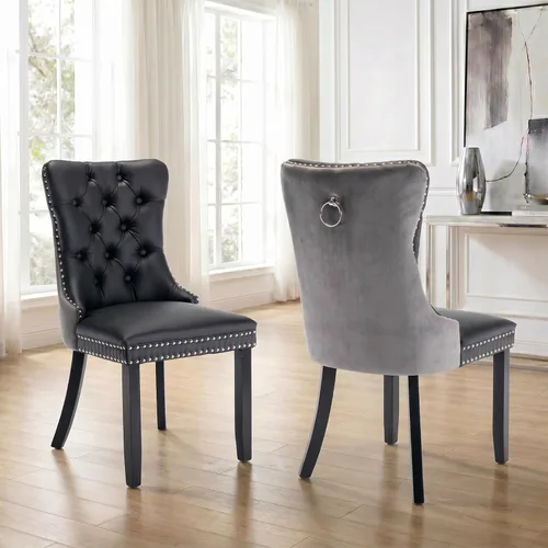 Miniatura 101 de Velvet Dining Chairs Set of 2, Tufted High Chairs with Nailhead Trim, Pull Ring, Black Solid Wood Legs, Elegant Upholstered Accent Chairs for Dining
