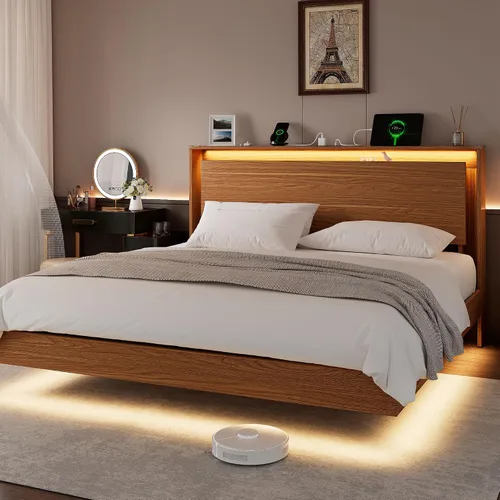 Miniatura 9 de Einhomn Marco de Cama Tamaño Queen con Luces LED y Estación de Carga – Marco de Cama Queen Flotante de Madera para Niños con Cabecera de Negro