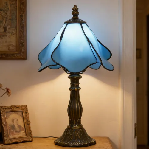 Miniatura 8 de Lámpara Tiffany Pequeña Mini Lámpara de Mesa de Vidrio Teñido Lámpara de Acento de Mesita de Noche Memoria Simpatía 8X14.5 Pulgadas (Azul)