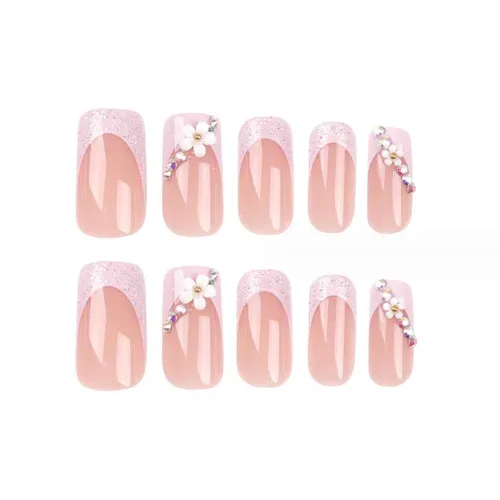 Miniatura 4 de Foccna - Uñas postizas 3D con flores, cuadradas, rosas, francesas, brillantes, con strass, largas, para manicura, 24 piezas