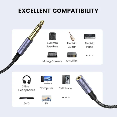 Miniatura 2 de MOSWAG Adaptador de auriculares de 1/4 a 0.138 in 6.6 pies/6.6 ft, TRS 0.250 in 1/4 macho a 0.138 in 1/8 hembra adaptador de audio estéreo