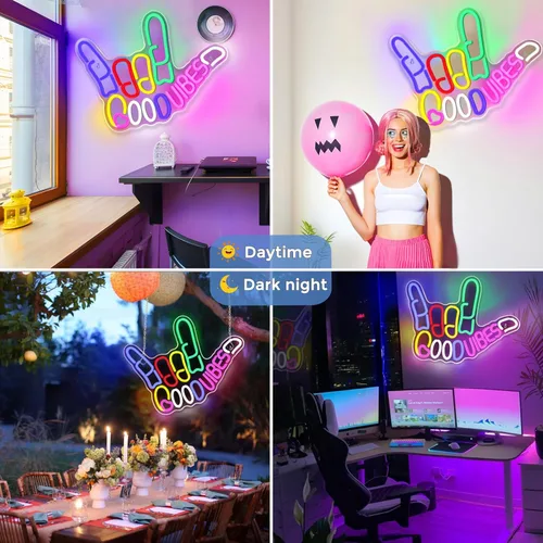 Miniatura 2 de Good Vibes - Letrero de neón regulable con interruptor de encendido/apagado, letreros de neón alimentados por USB para decoración de pared, letreros
