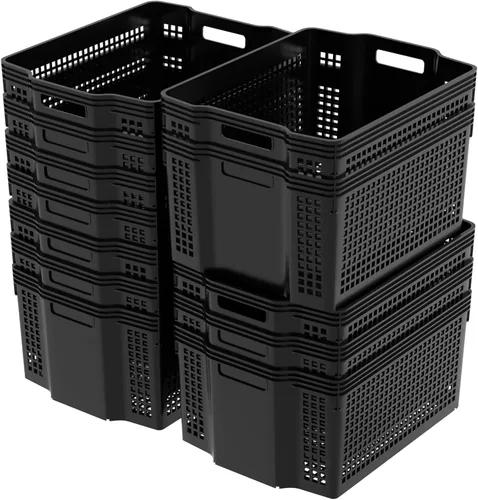 Miniatura 4 de Vababa Paquete de 12 cestas de almacenamiento grandes, apilables, rectangulares, de plástico, color negro Plastic Material, Cut-Out Carry Handles