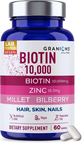 Granions Biotin 10,000 mcg Pastillas para el cabello, la piel y las uñas, complejo de biotina extra fuerte con zinc, selenio, mijo, arándano,