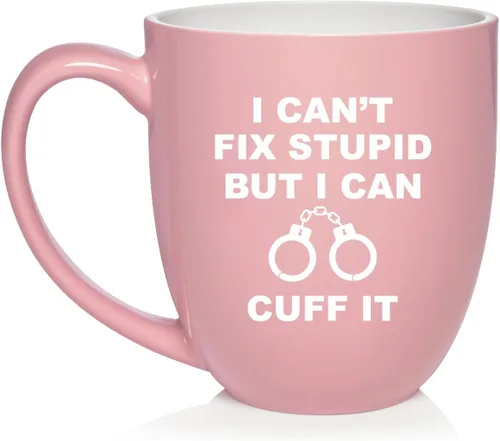 Miniatura 10 de Daylor Taza de café de cerámica con texto en inglés "I Can't Fix Stupid But I Can Cuff It" para oficial de policía, taza de té de cerámica, regalo