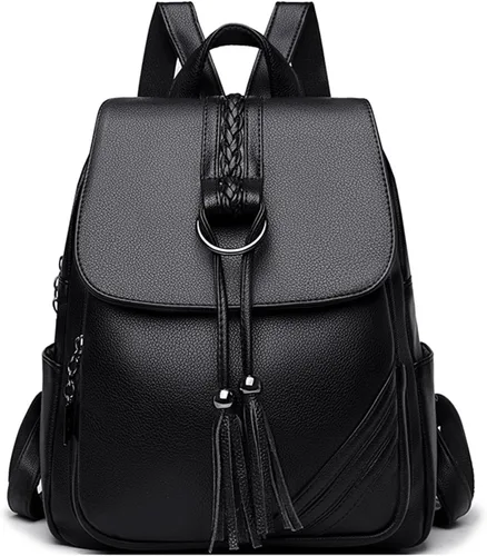 FANDARE Mochila vintage para mujer con borla, mochila de cuero PU para mujer, Negro, Grande