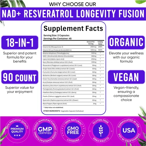 Miniatura 8 de Adndale Suplemento liposomal de NAD. Fórmula de longevidad alternativa al suplemento NMN. Resveratrol avanzado de 180CT NAD+