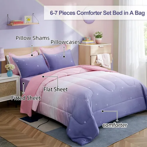 Miniatura 46 de Dinjoy Juego de edredón para niñas, tamaño individual, colorido, azul, rosa, morado, arcoíris, juego de ropa de cama de 6 piezas en una bolsa