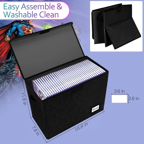 Miniatura 4 de Caja de almacenamiento para cómics de 15.8 x 7.8 x 11.8 pulgadas, plegable con capacidad para 160-180 organizador de cómics resistente (negro)