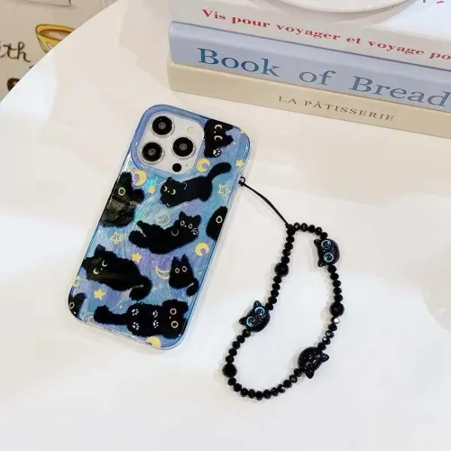Miniatura 7 de Funda de teléfono para iPhone 11 con patrón de gato lindo, estética, genial y femenina con correa de encantos de teléfono y cadena, funda protectora
