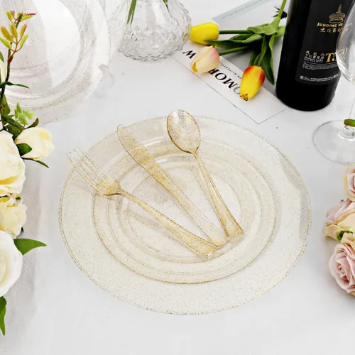 Miniatura 8 de DaYammi Juego de vajilla de 350 piezas con purpurina dorada, 50 platos de oro desechables para invitados, 50 platos llanos, 50 platos de postre, 50